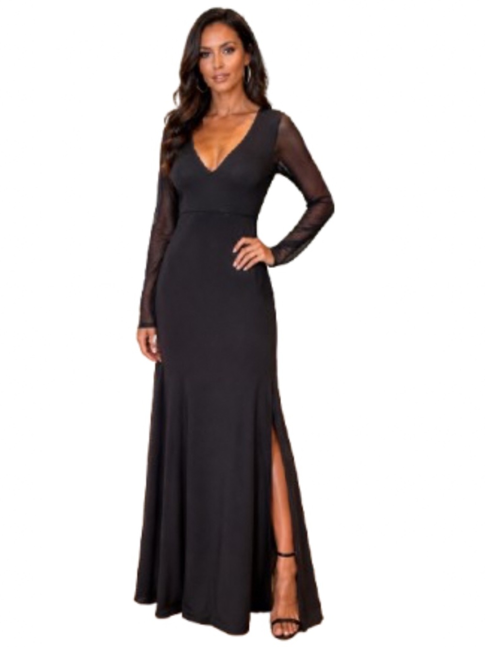 NWT Women’s Black Long Mesh Sleeve Maxi Formal Dress Size L